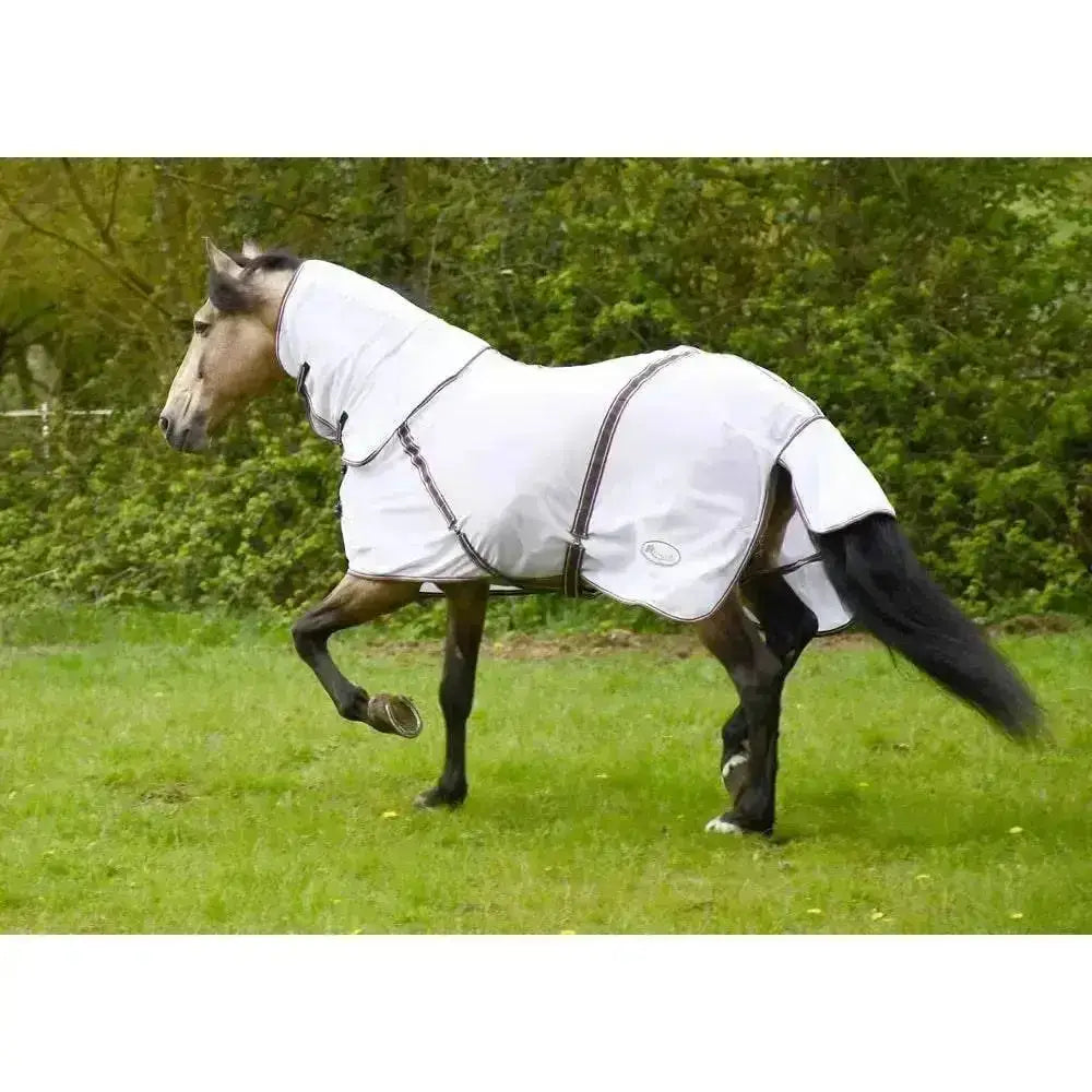 White rhinegold kenya mesh fly rug with black trim satin feel soft mesh and neck cover featuring small logo