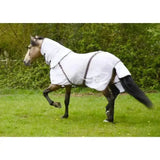 White rhinegold kenya mesh fly rug with black trim satin feel soft mesh and neck cover featuring small logo