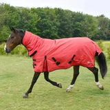 Red waterproof rhinegold konig 200g turnout rug with black straps and buckles medium weight full neck design