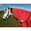 Bright red rhinegold konig neck cover with black trim adjustable straps and silver oval brand patch konig horse rugs