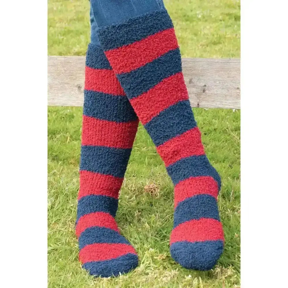 Rhinegold ladies soft touch knee high socks with red and navy blue plush fuzzy stripes for cozy wear