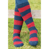 Rhinegold ladies soft touch knee high socks with red and navy blue plush fuzzy stripes for cozy wear