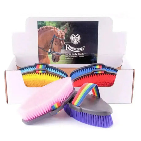Rhinegold large body brushes with rainbow-striped handles in vibrant colors perfect for grooming horses