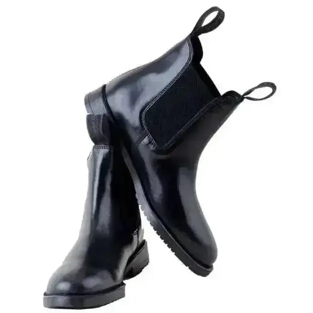 Black patent leather rhinegold leather jodhpur boots with elastic side panels and pull tabs classic adults style