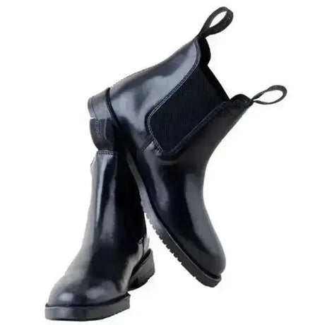 Black patent leather rhinegold leather jodhpur boots with elastic side panels and pull tabs classic adults style