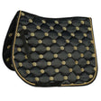 Black quilted rhinegold lucky clover satin saddle pad with gold four leaf clover and matching rope trim