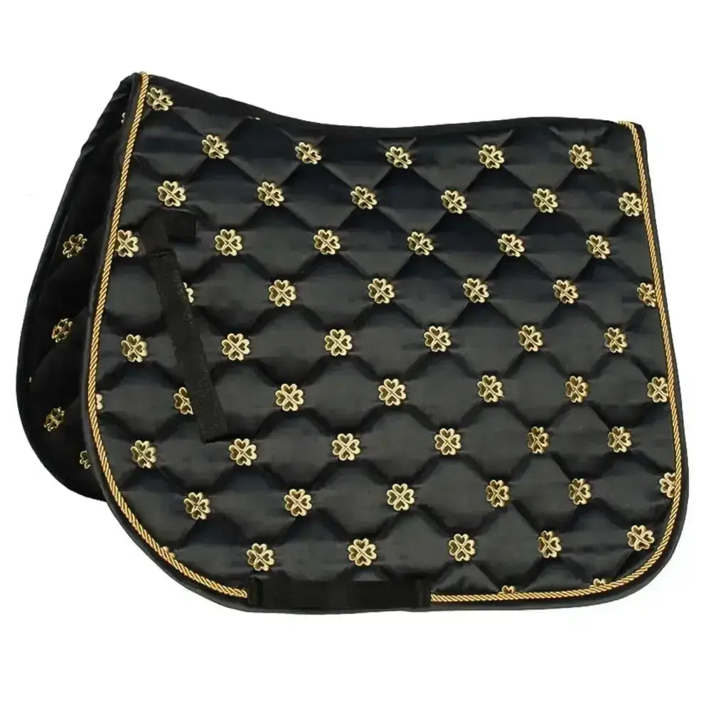 Black quilted rhinegold lucky clover satin saddle pad with gold four leaf clover and matching rope trim