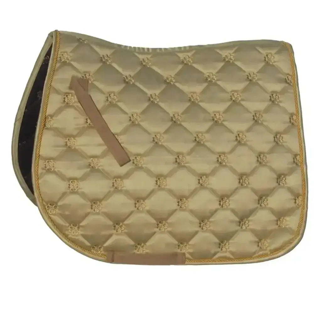 Beige quilted rhinegold lucky clover satin saddle pad with gold trim and floral stitching for horses