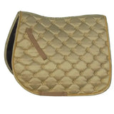 Beige quilted rhinegold lucky clover satin saddle pad with gold trim and floral stitching for horses