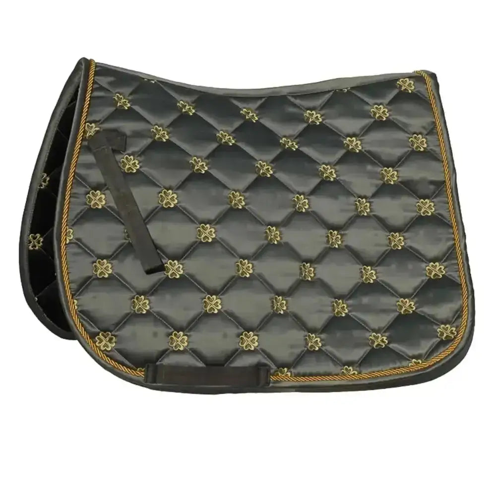 Black quilted rhinegold lucky clover satin saddle pad with gold shamrock embroidery and braided trim