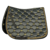 Black quilted rhinegold lucky clover satin saddle pad with gold shamrock embroidery and braided trim