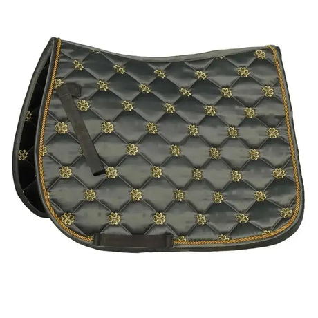 Black quilted rhinegold lucky clover satin saddle pad with gold shamrock embroidery and braided trim