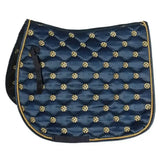 Navy blue quilted rhinegold lucky clover satin saddle pad with gold four-leaf clover and matching gold rope trim