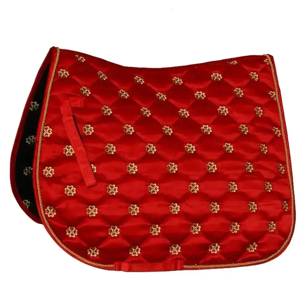 Red quilted rhinegold lucky clover satin saddle pad with gold four leaf clover embroidery and matching trim