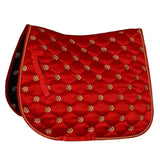Red quilted rhinegold lucky clover satin saddle pad with gold four leaf clover embroidery and matching trim