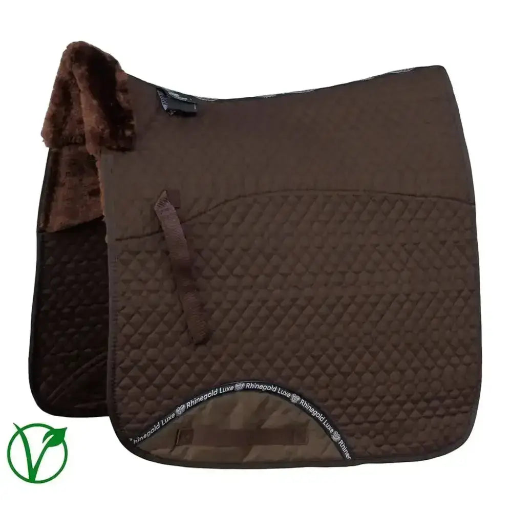 Brown quilted rhinegold luxe fur dressage saddle cloth with plush dark brown fleece lining and stitched diamond pattern