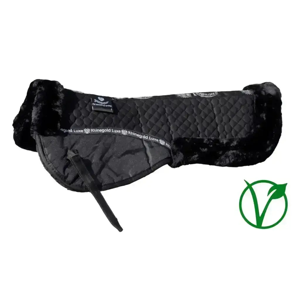 Black quilted horse saddle pad with plush faux fur lining and rhinegold luxe fur branded label for comfy rides