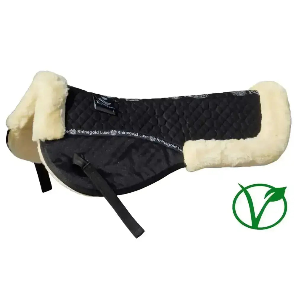 Black quilted Rhinegold Luxe fur lined half pad with cream faux fur lining and branded trim for horses