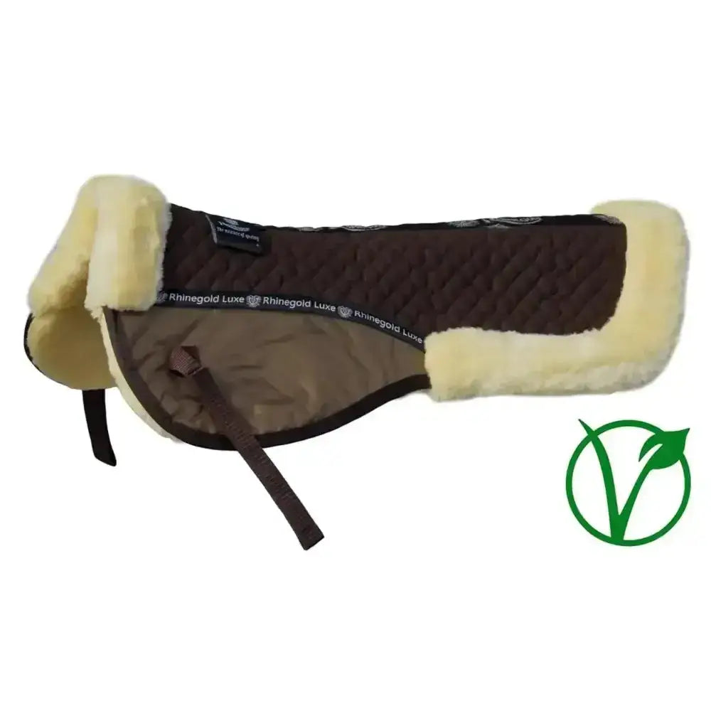 Brown quilted saddle pad with cream sheepskin trim and black strap branded rhinegold luxe fur lined half pad