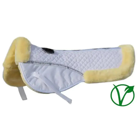 White quilted horse saddle pad with yellow faux fur lining and rhinegold luxe fur branding fur lined half pad