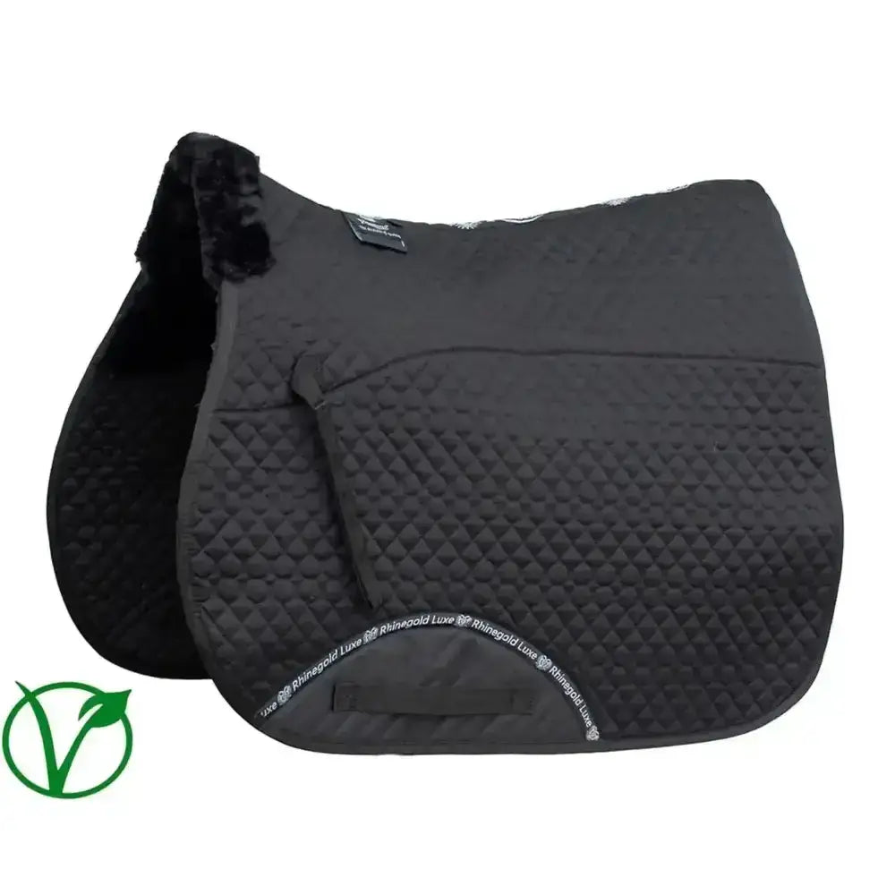 Black quilted rhinegold luxe fur lined saddle cloth with plush dark faux fur trim and subtle white branding text