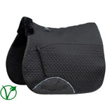 Black quilted rhinegold luxe fur lined saddle cloth with plush dark faux fur trim and subtle white branding text