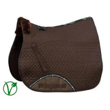 Brown quilted saddle pad with plush dark brown faux fur edge and rhinegold luxe fur branding on the border