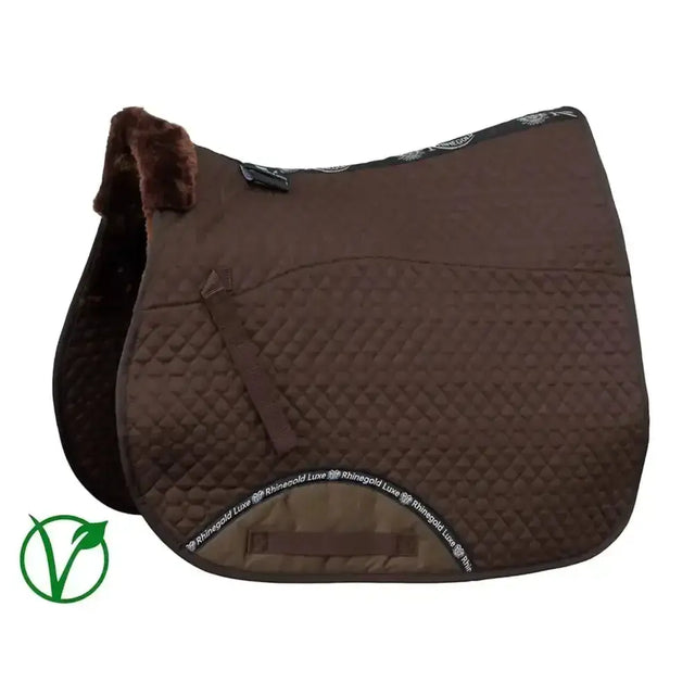 Brown quilted saddle pad with plush dark brown faux fur edge and rhinegold luxe fur branding on the border