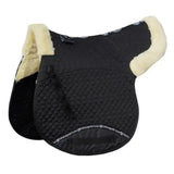 Black quilted saddle pad with cream fleece lining and rhinegold luxe fur branding along the edge for luxury comfort
