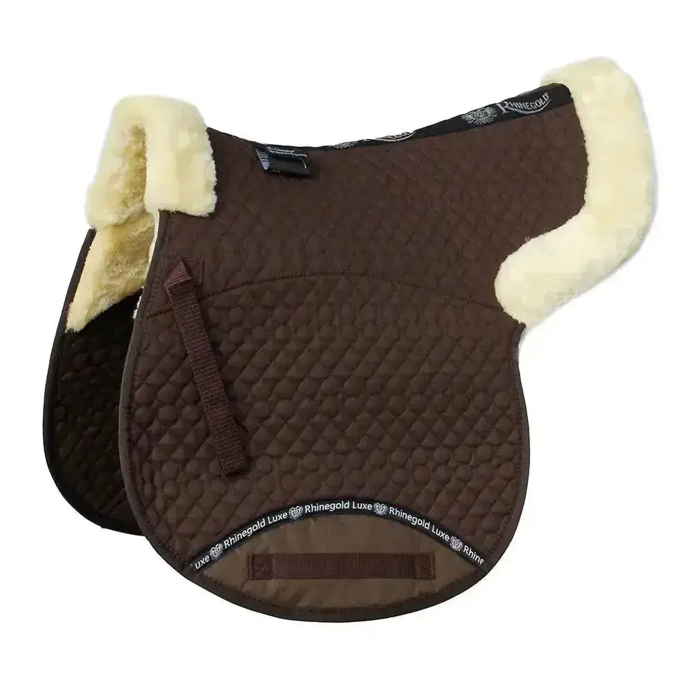 Brown quilted saddle pad with cream fleece trim and black label from rhinegold luxe fur numnah collection