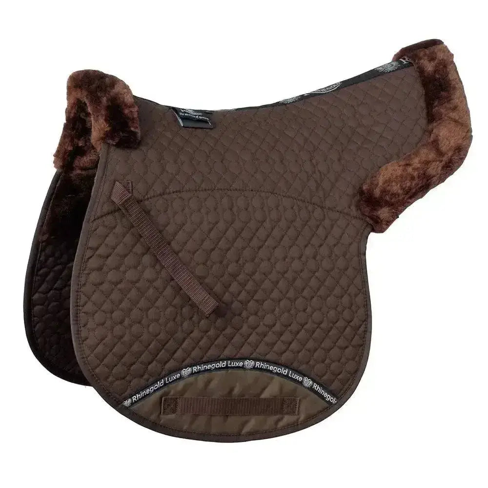 Brown quilted saddle pad with plush dark brown faux fur trim and rhinegold luxe branded edge fur numnah