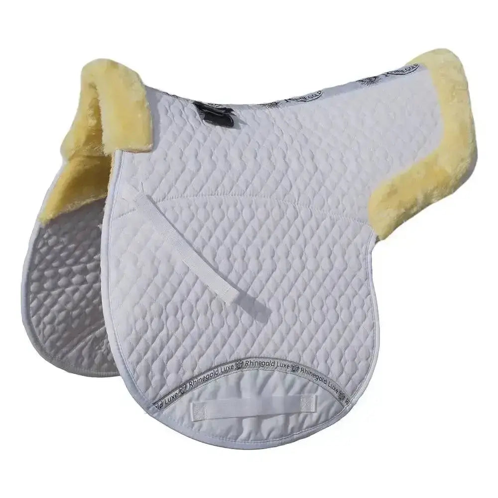 White quilted horse saddle pad with yellow fleece trim and gray textured underside rhinegold luxe fur numnah