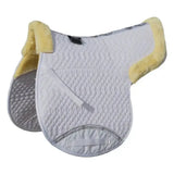 White quilted horse saddle pad with yellow fleece trim and gray textured underside rhinegold luxe fur numnah