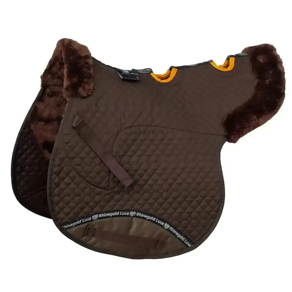 Brown quilted rhinegold luxe fur vented numnah with plush dark brown faux fur trim and yellow accents general purpose fit
