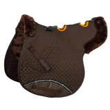 Brown quilted rhinegold luxe fur vented numnah with plush dark brown faux fur trim and yellow accents general purpose fit
