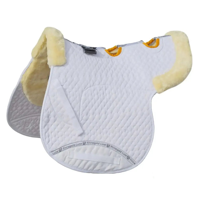 White quilted saddle pad with yellow fleece trim and orange girth loops rhinegold luxe fur vented numnah general purpose fit