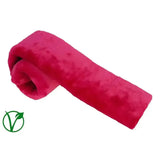 A plush pink rhinegold luxe girth sleeve with soft fur pile texture rolled up for comfortable use