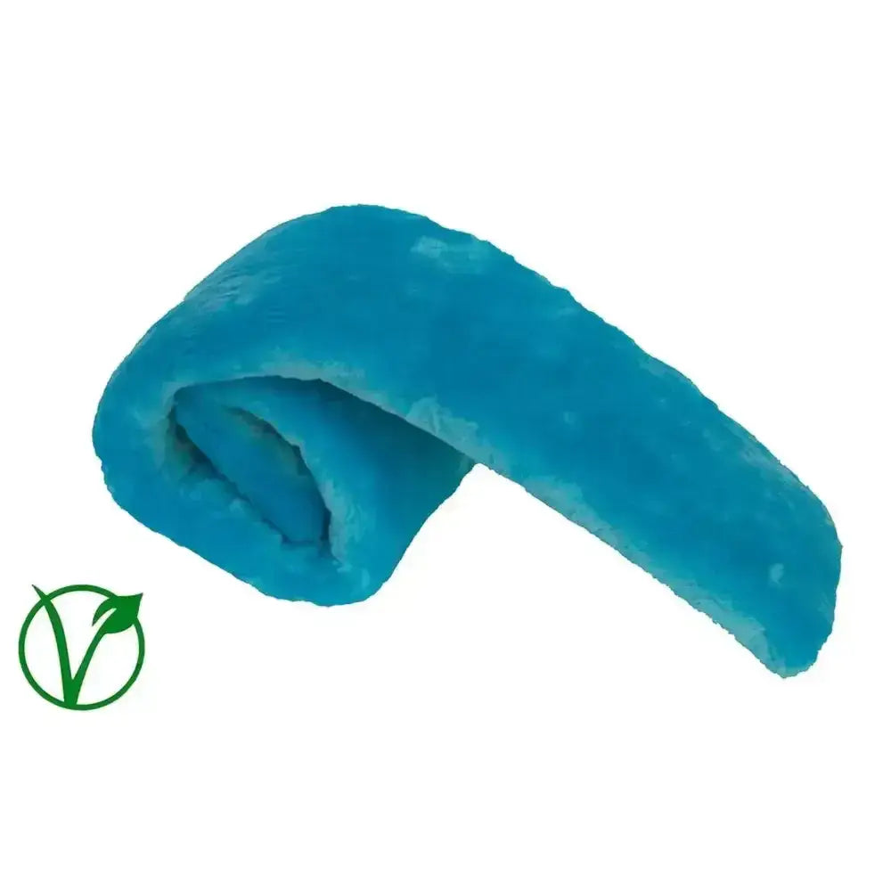 A plush vibrant blue rhinegold luxe girth sleeve with soft fuzzy fur pile girth texture for pet cooling comfort