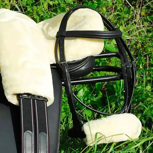 Black leather rhinegold luxe noseband with cream fur pile noseband cover luxury padding for horse bridles
