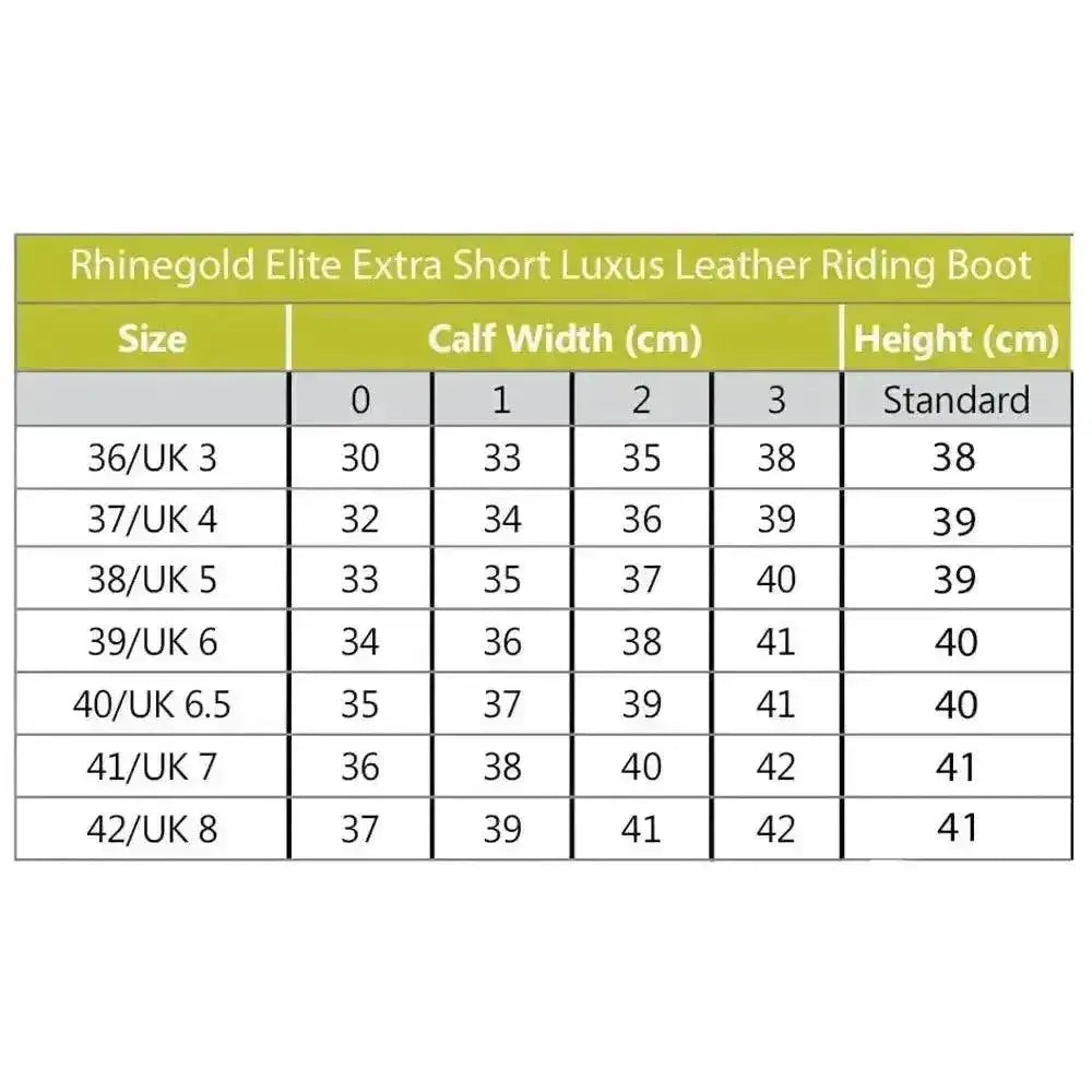 Rhinegold luxus extra short leather riding boots size chart showing calf width and height measurements for uk sizes
