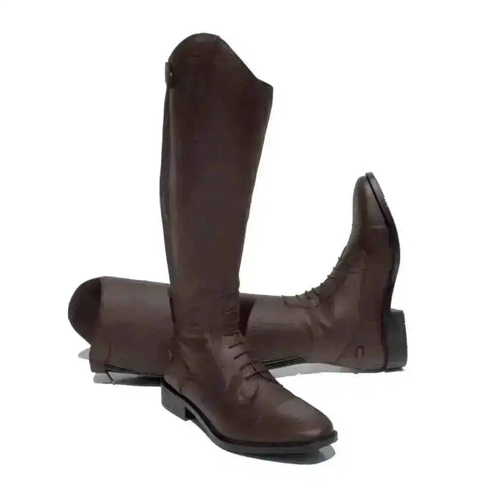 Brown leather extra short riding boots with sleek classic design and sturdy construction by rhinegold luxus extra