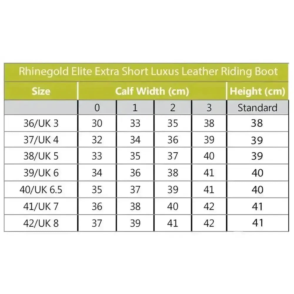 Rhinegold luxus extra short riding boots brown leather size chart showing uk and us measurements for extra short boots