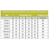 Rhinegold luxus extra short riding boots brown leather size chart showing uk and us measurements for extra short boots
