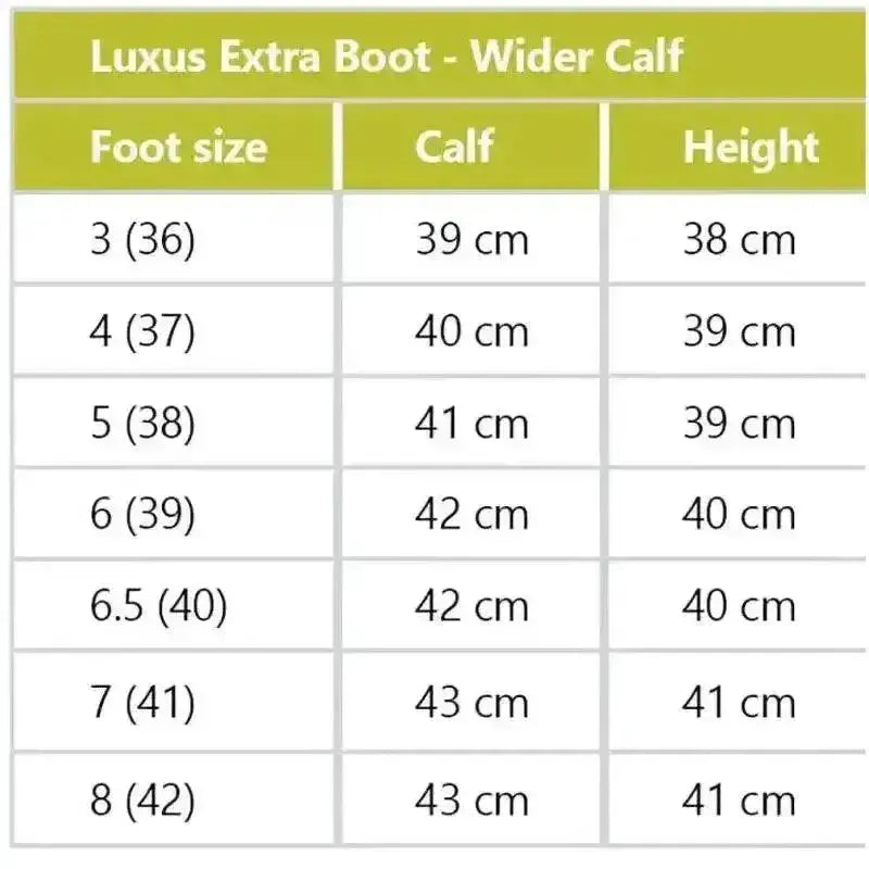 Rhinegold Luxus Extra wide calf size chart showing foot calf and height measurements for black leather riding boots
