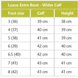 Rhinegold Luxus Extra wide calf size chart showing foot calf and height measurements for black leather riding boots