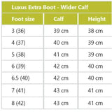 Rhinegold luxus extra wide calf riding boots brown size chart showing foot calf and height measurements