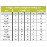 Rhinegold elite luxus long leather riding boot size chart showing uk and us measurements for black luxus long riding boots