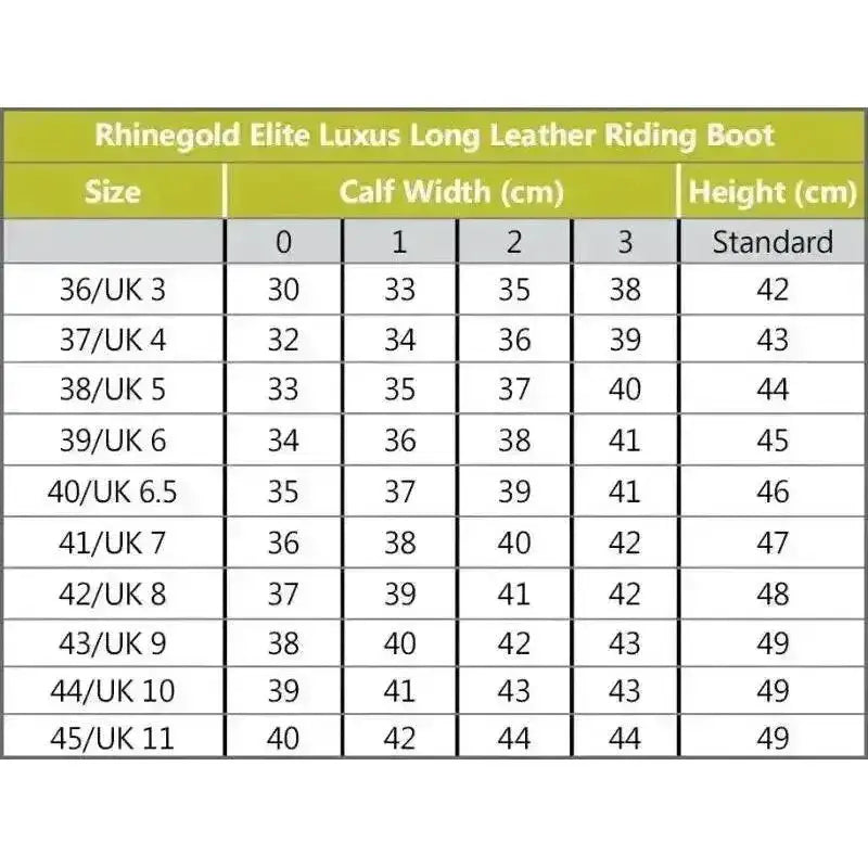 Rhinegold elite luxus long leather riding boot size chart showing calf width and height for brown long riding boots uk sizes