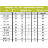Rhinegold elite luxus long leather riding boot size chart showing calf width and height for brown long riding boots uk sizes
