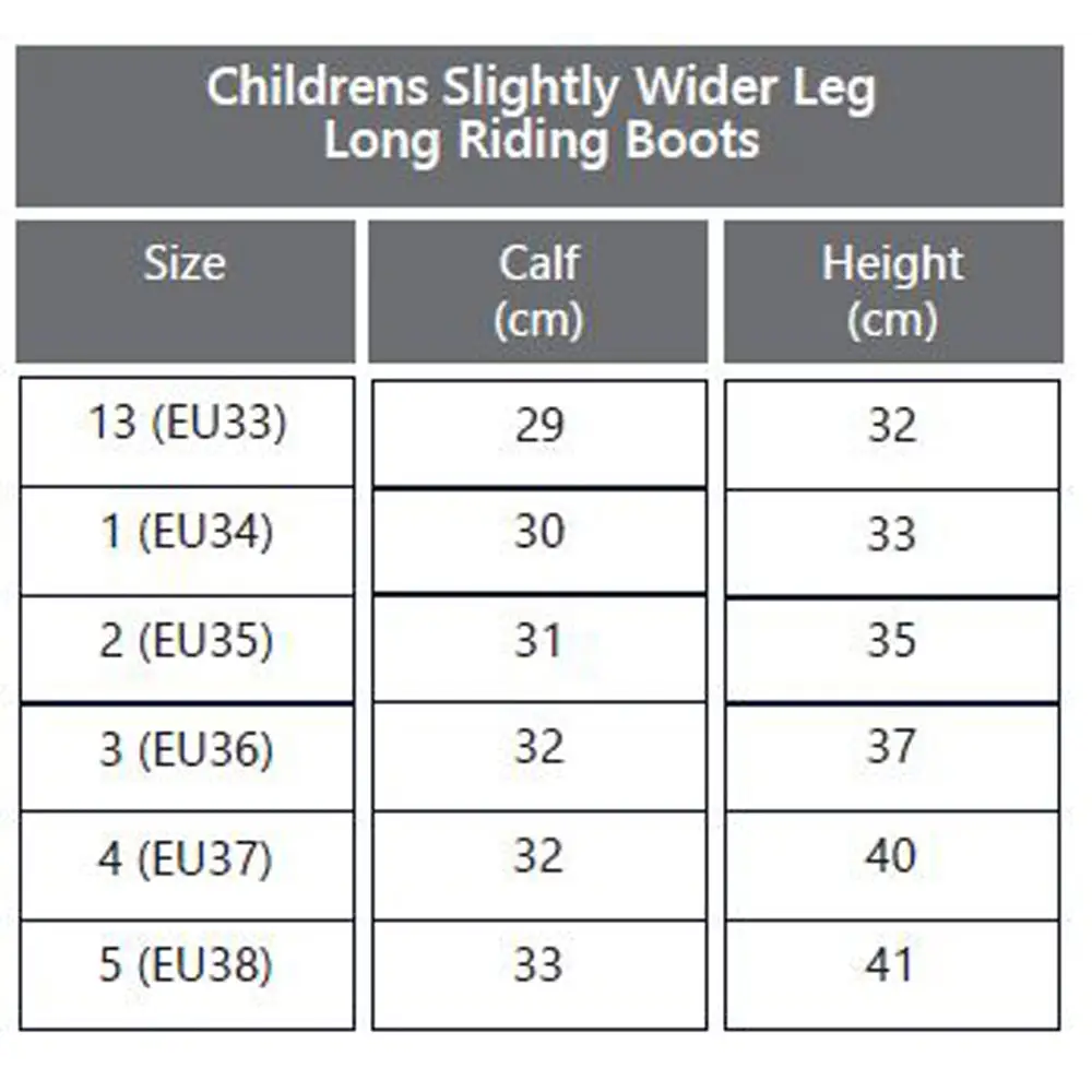 Size chart for Rhinegold Luxus Junior long riding boots in black for wider legs